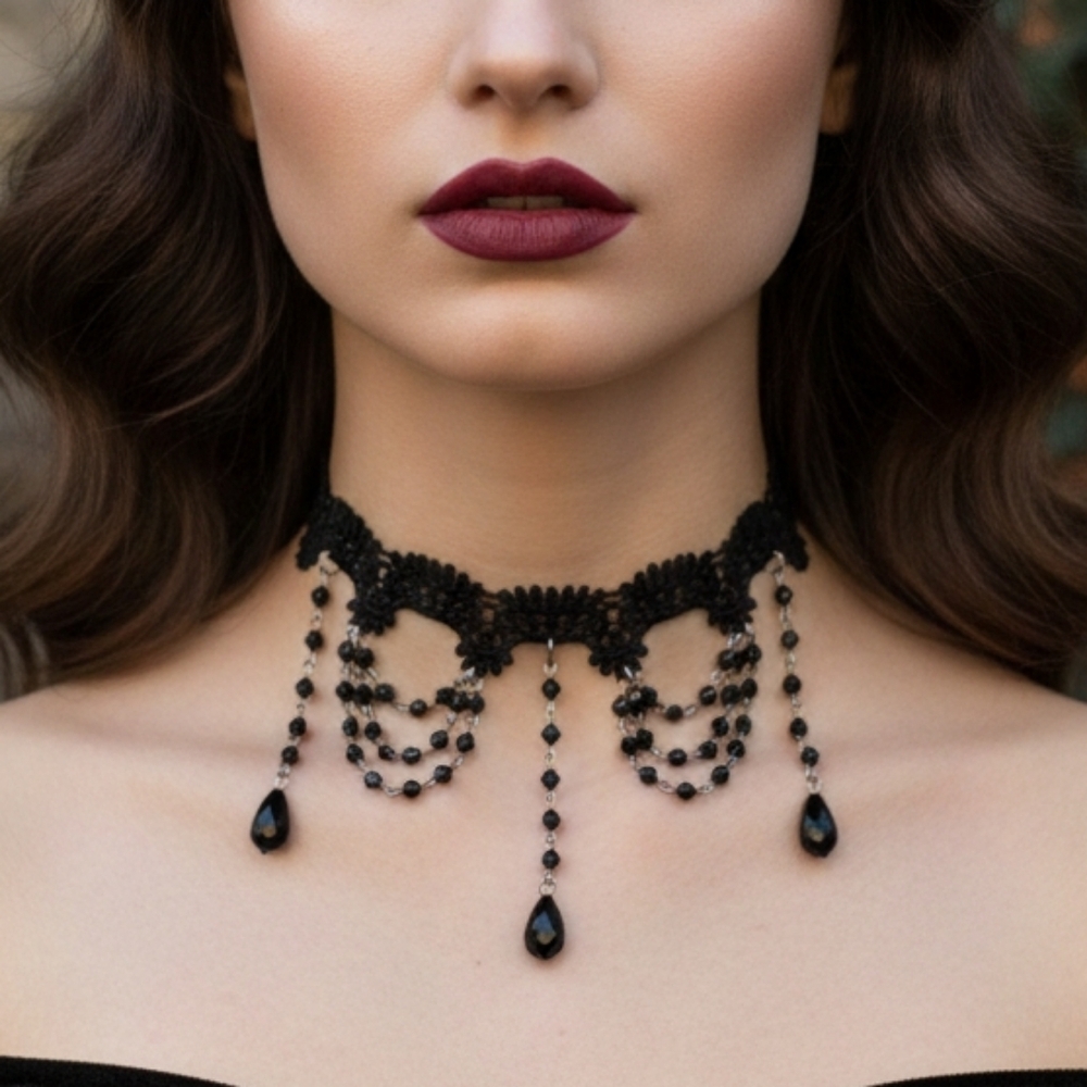 ♠️ Gothic Elegant Black Lace Choker Necklace With Drop Dangles New